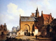 Oil Cornelis-Springer-Fantasy-cityview-of-Maassluis cityscape street landscape