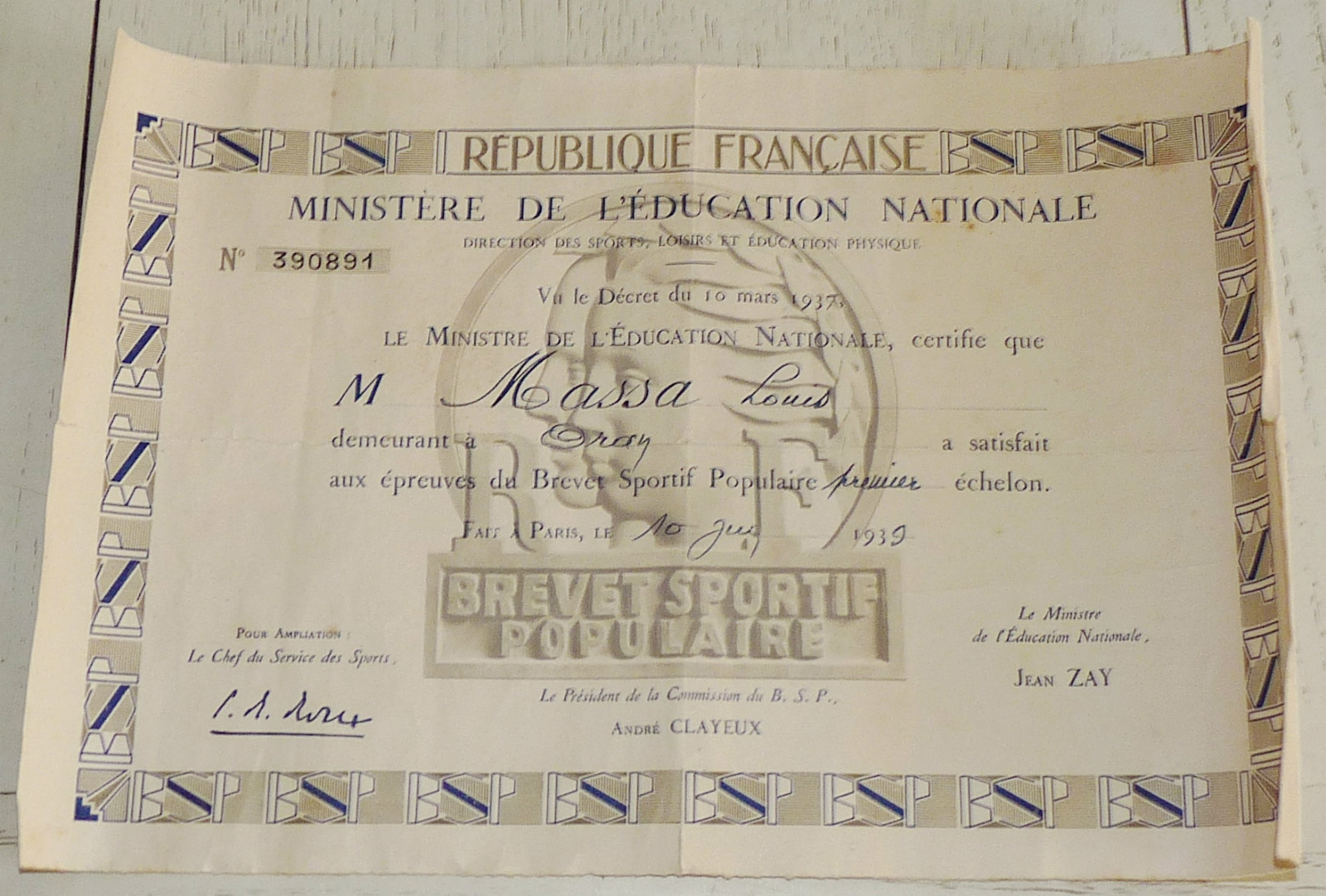 Insigne Ancien Brevet Sportif Populaire Front Populaire 1937 - Léo Lagrange - France
