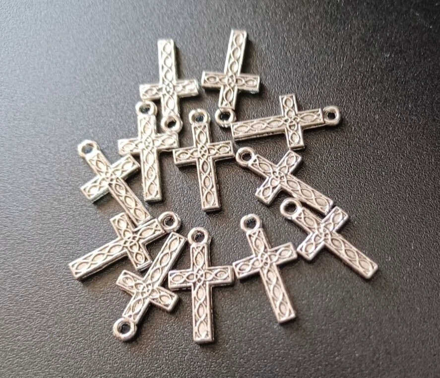 Lot of 12 Deluxe Metal Cross Charms Rosary, Jewelry and Crafts Silver Tone  3/4