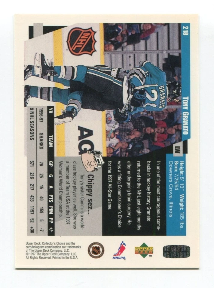 1997-98 Upper Deck CC Tony Granato Signed Card Hockey NHL Autographed AUTO #218 - Image 2 of 2