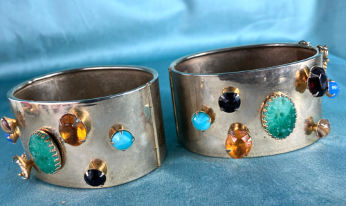 Lot Of Two Vintage Rainbow Cuff Bracelet Cabochon Silver Tone 60s