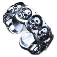 Solid 925 Sterling Thai Silver Hip Hop Skull Open Ring  W 8.7g, Width 9mm 