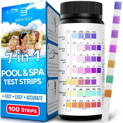 7-In-1 Accurate Pool Test Strips - 100 Hot Tub Spa Test Strips - Quick Pool Wate