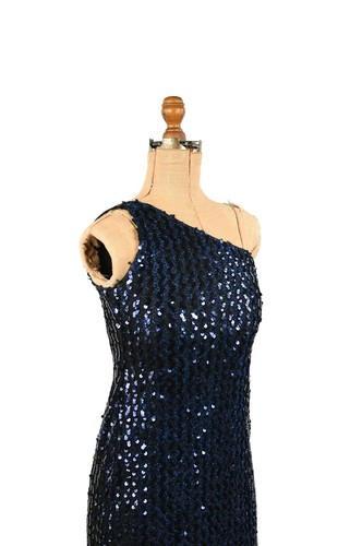 Vintage 70s Marshall Rousso Navy Blue Knit Metallic Sequin One Shoulder Dress XS - Picture 3 of 9