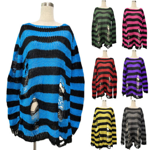 ❀Girl Sweater Jumper Long Top Knitwear Punk Gothic Striped Ripped Hole Oversized - Picture 1 of 24