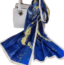 100% Satin Silk Scarf 55x13" Women neckerchief Shawl Wrap floral blue HD95-8