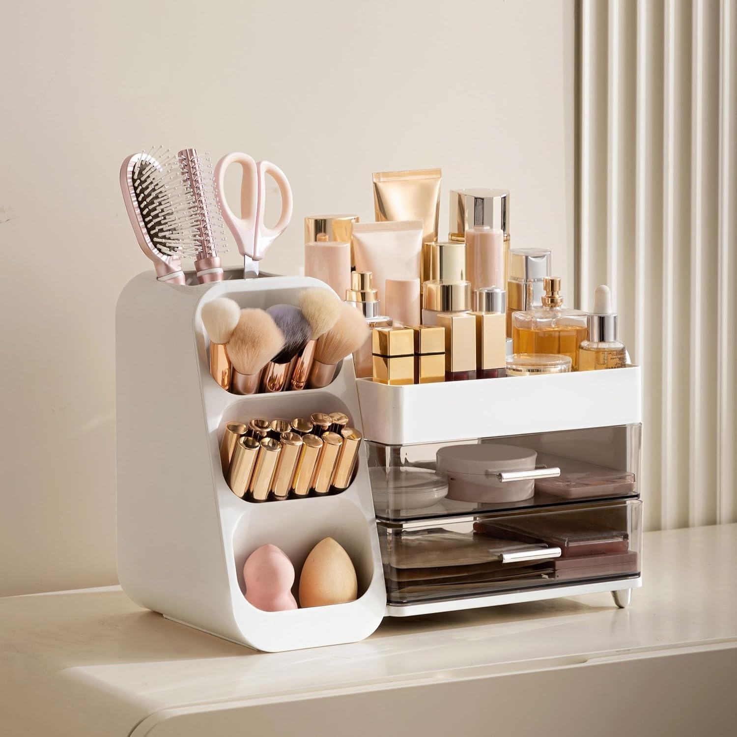 Makeup Organizer with Brush Holder for Vanity, Large Plastic Bathroom Countertop