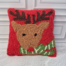 Holiday Reindeer Hooked Decorative Accent Pillow Red 7x7 Lodge Style Deer