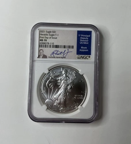 2021 Eagle S$1 NGC MS70 Heraldic Eagle T-1 First Day Issue Silver Dollar 1 Oz.