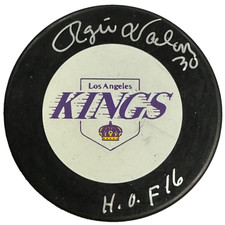 Rogie Vachon Autographed Los Angeles Kings Official Hockey Puck W/ HOF 16
