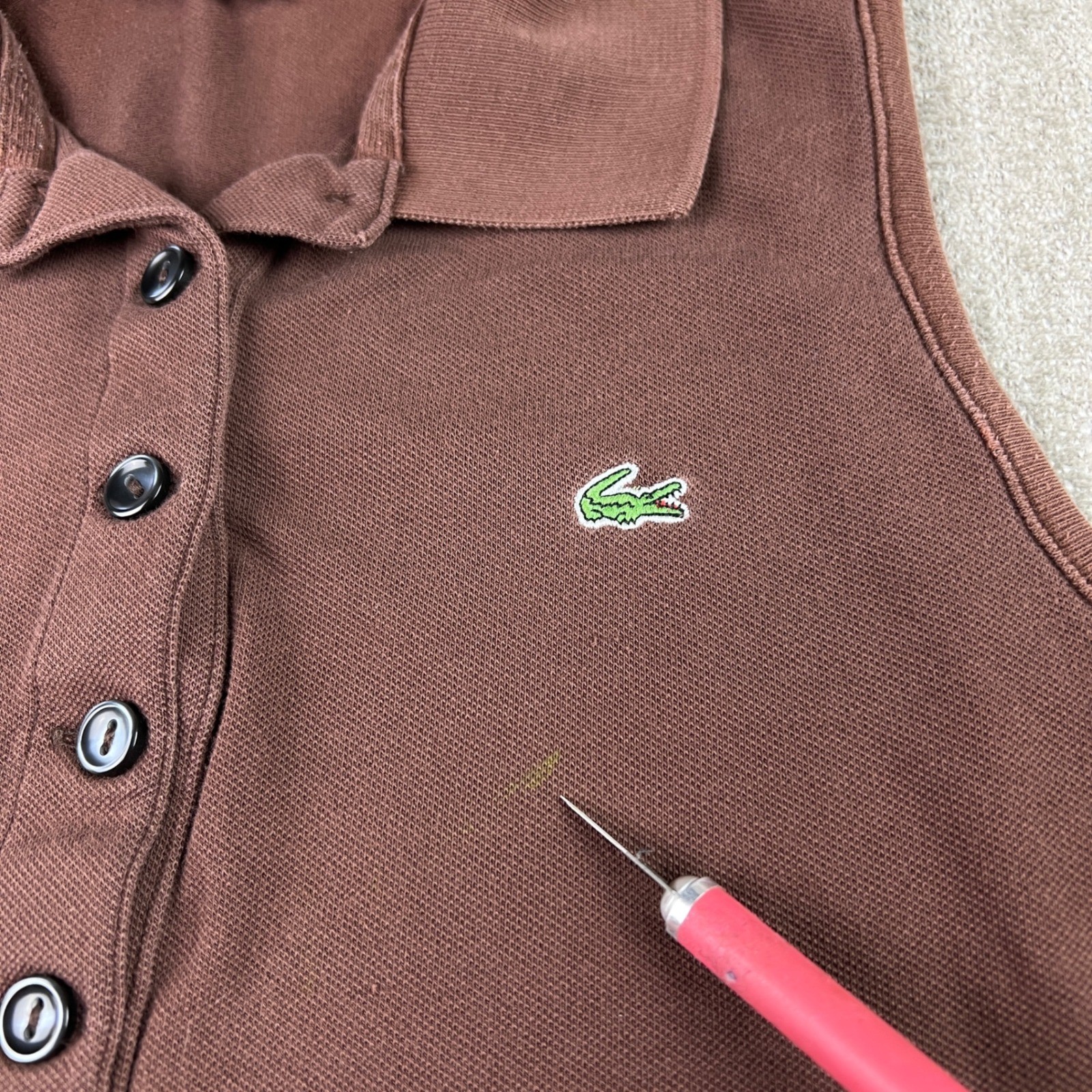 Lacoste Sleeveless Polo Shirt Womens 36 Brown Preppy Cotton Stretch Tennis Y2K thumbnail 4