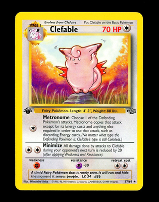 1999 Pokemon CLEFABLE Jungle Set 1ST EDITION Rare NON HOLO Card 17/64 WotC MINT 1999 Pokemon CLEFABLE Jungle Set 1ST EDITION Rare NON HOLO Card 17/64 WotC MINT