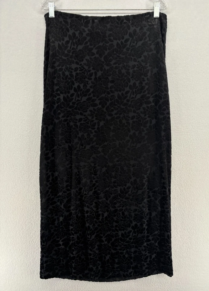 DKNY Falda L Mezcla Rayón Terciopelo Floral Burnout Lápiz Recto Maxi Negro De Colección Foto 3 de 4