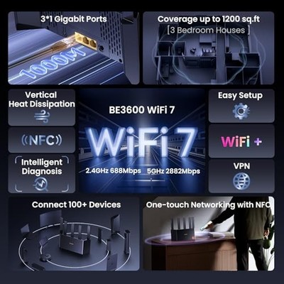 TENDA BE3600 DUAL BAND WIFI 7 ROUTER 3X1G PORTS EASY RE3L/BE3600-BLACK - BLACK