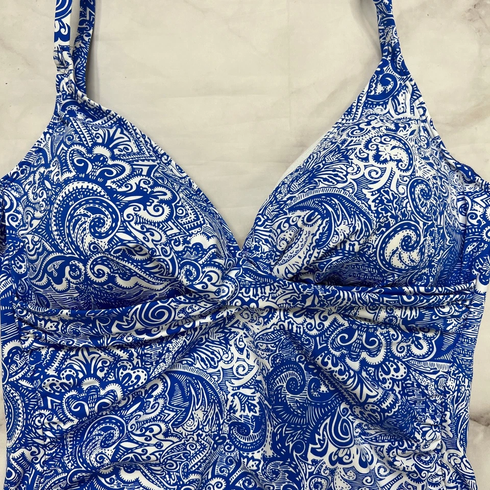 LRL Ralph Lauren Paisley Twist Front Tankini Top Blue White Underwire Size 10 - Image 3 of 4