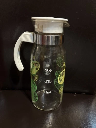 Vintage Pyrex Glass Lemon Lime Pitcher Carafe 1 Quart Welcome Degustation! 10" T