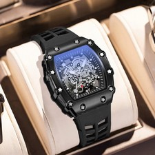Tonneau Skeleton Quartz Wristwatch - Unisex, Black Alloy Case, Silicone Strap, 3
