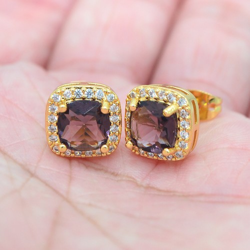 18K Yellow Gold Filled Lake Blue Topaz Women Cushion Stud Earrings Jewelry - Picture 7 of 14