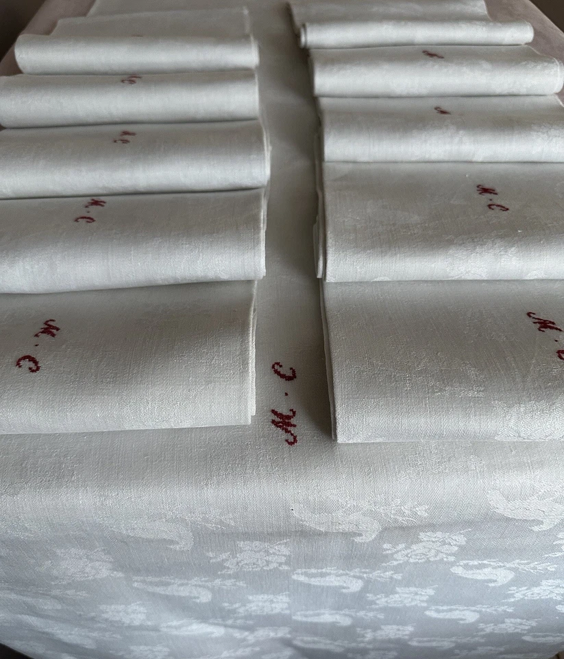 Service De Table 1920 Lin Damassé Perdrix chasse Monogramme Nappe 12 Serviettes - Photo 3/4