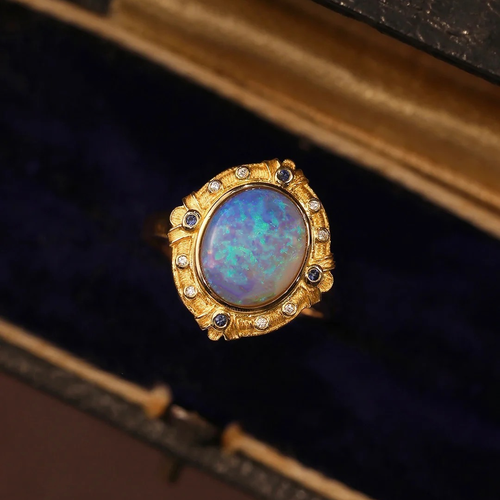Anello donna lunetta diamante naturale opale stile corte retrò oro giallo massiccio 14 carati - Foto 2 di 7