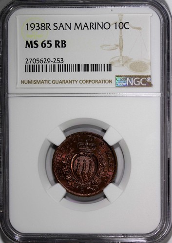 San Marino Bronze 1938 R 10 Centesimi NGC MS65 RB Mintage-400,000 KM# 13 (253) - 第 2/4 張圖片