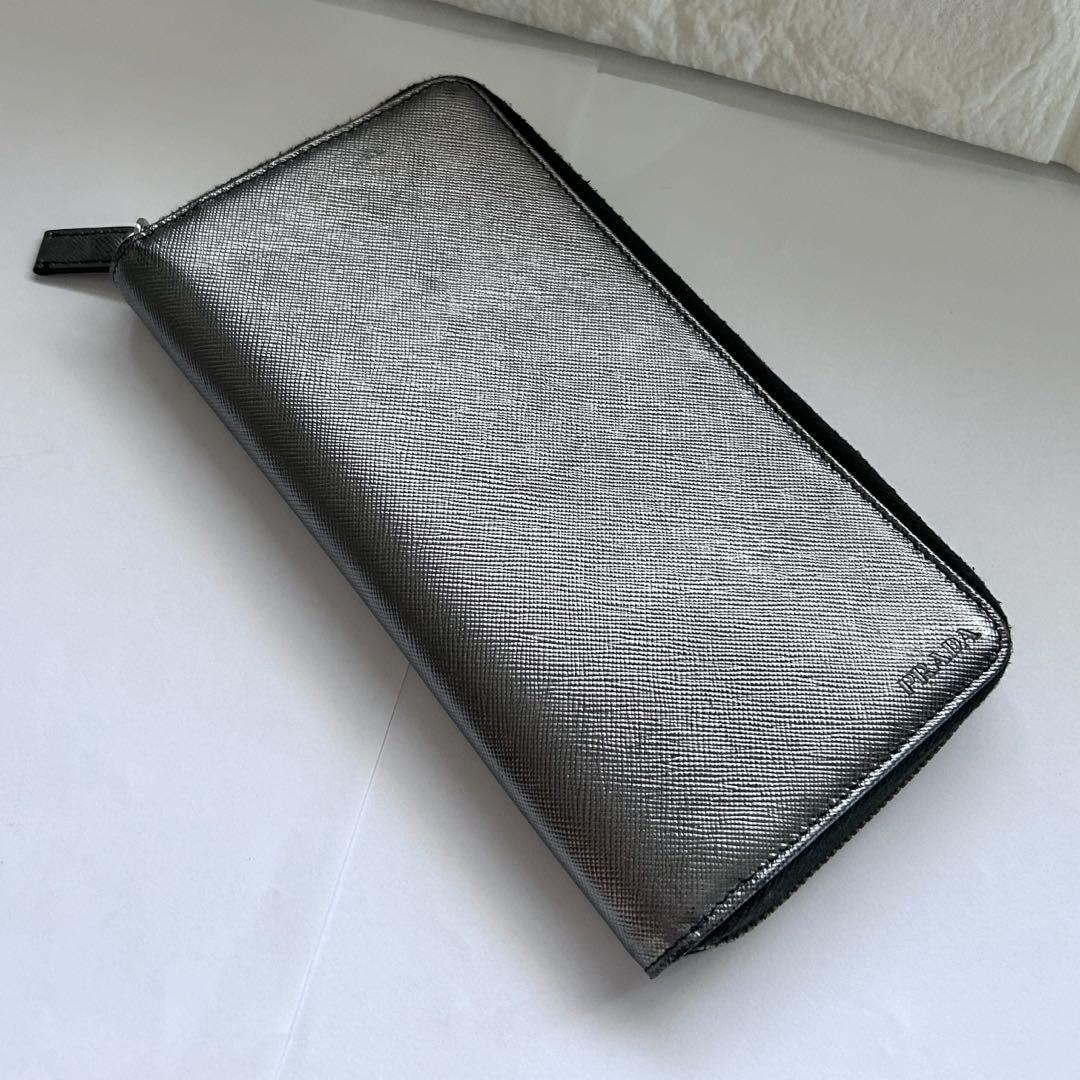 PRADA Prada long wallet silver grey metal round zipper | eBay