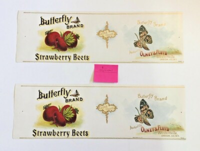 Butterfly Brand Strawberry Beets TWO Original Can Labels AS IS-Olney & Floyd NY