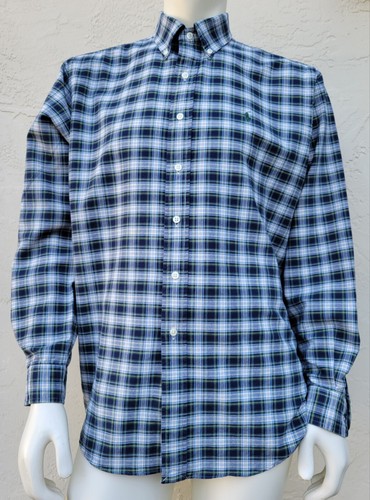Ralph Lauren Polo Men's CLASSIC FIT L/S Blue Tartan Plaid Shirt Large Green Pony - Picture 1 of 10