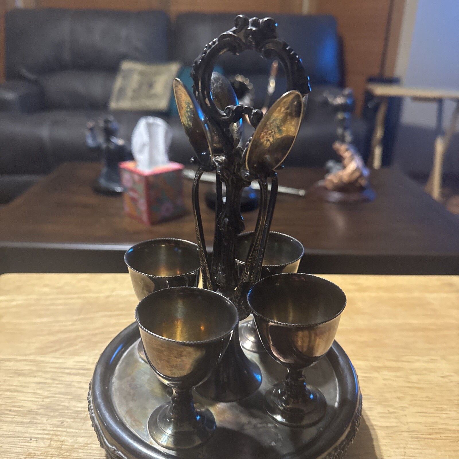 Antique 4 Egg Cups Stand & Spoons Standard Silver Company Ltd, Toronto 046 Metal