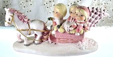 Vintage Musical Horse Drawn Sleigh Byron Molds HandPainted Sparkly Pink Figurine