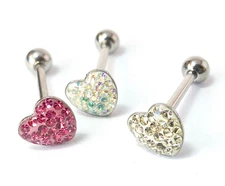 1pc Epoxy Coated Heart Paved Crystals Tongue Tounge Ring Barbell Body Jewelry