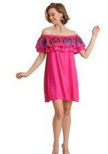 Umgee Floral Boho Embroidered Off Shoulder Mini Dress Sz S Peasant Hot Pink