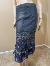 Women  s Blue Denim Cotton Casual Beads Embroidered Boho Size M 6-8 Skirt 3712