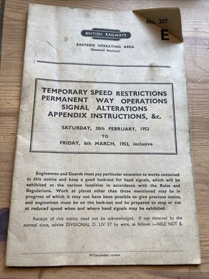 1953 British Railways Eastern Section Temporary Speed Restrictions Booklet 