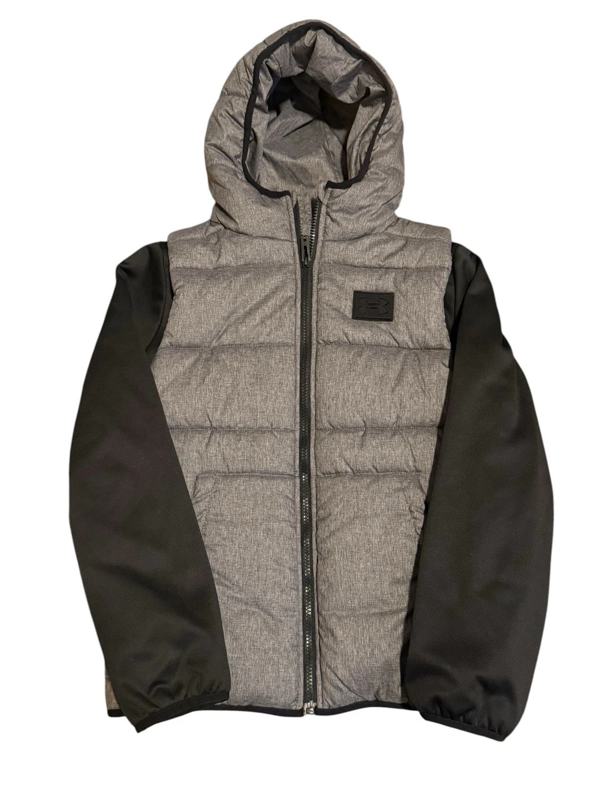 Under Armour Puffer Jacket Boys Gray Black Hooded Zip YM/JM/J-M Winter Outdoor