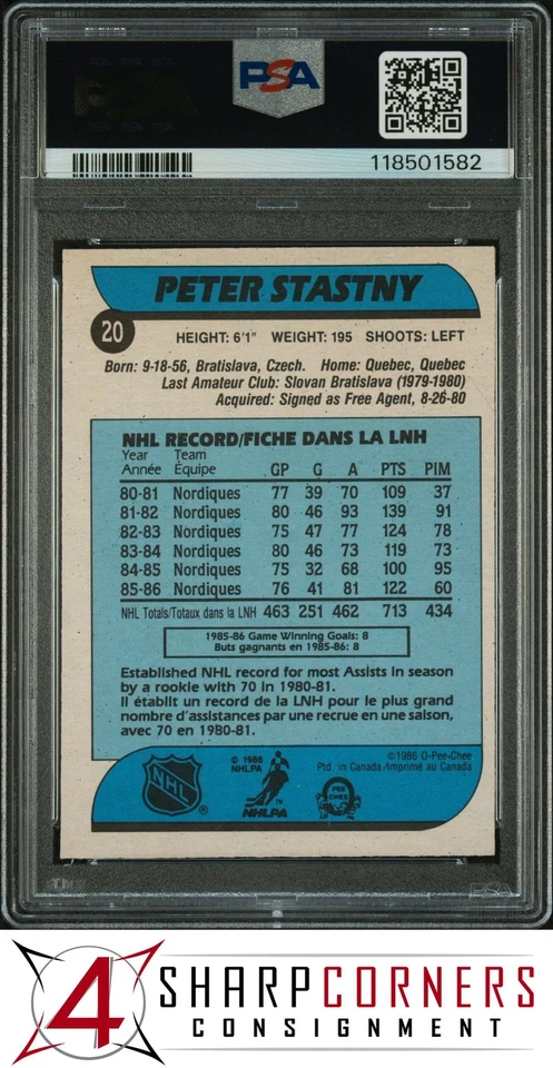 1986 O-PEE-CHEE #20 PETER STASTNY HOF PSA AUTHENTIC DNA AUTO 10 - Image 2 of 2