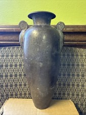 Vintage Japanese Style Hexagonal Floor Vase with Bronze Handles and Dried Floral Arrangement