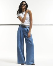 River Island Womens Wide Leg Jeans Blue Belted Pleated Trousers Pants Bottoms