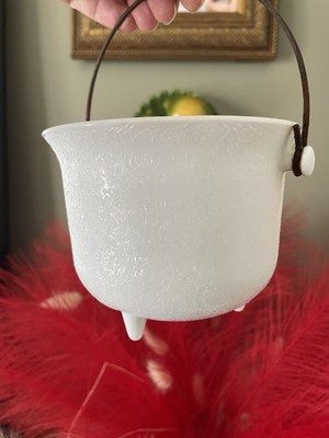 Vintage Milk Glass Cauldron , Kettle Metal Wire Handle 3 Footed Textured Dish