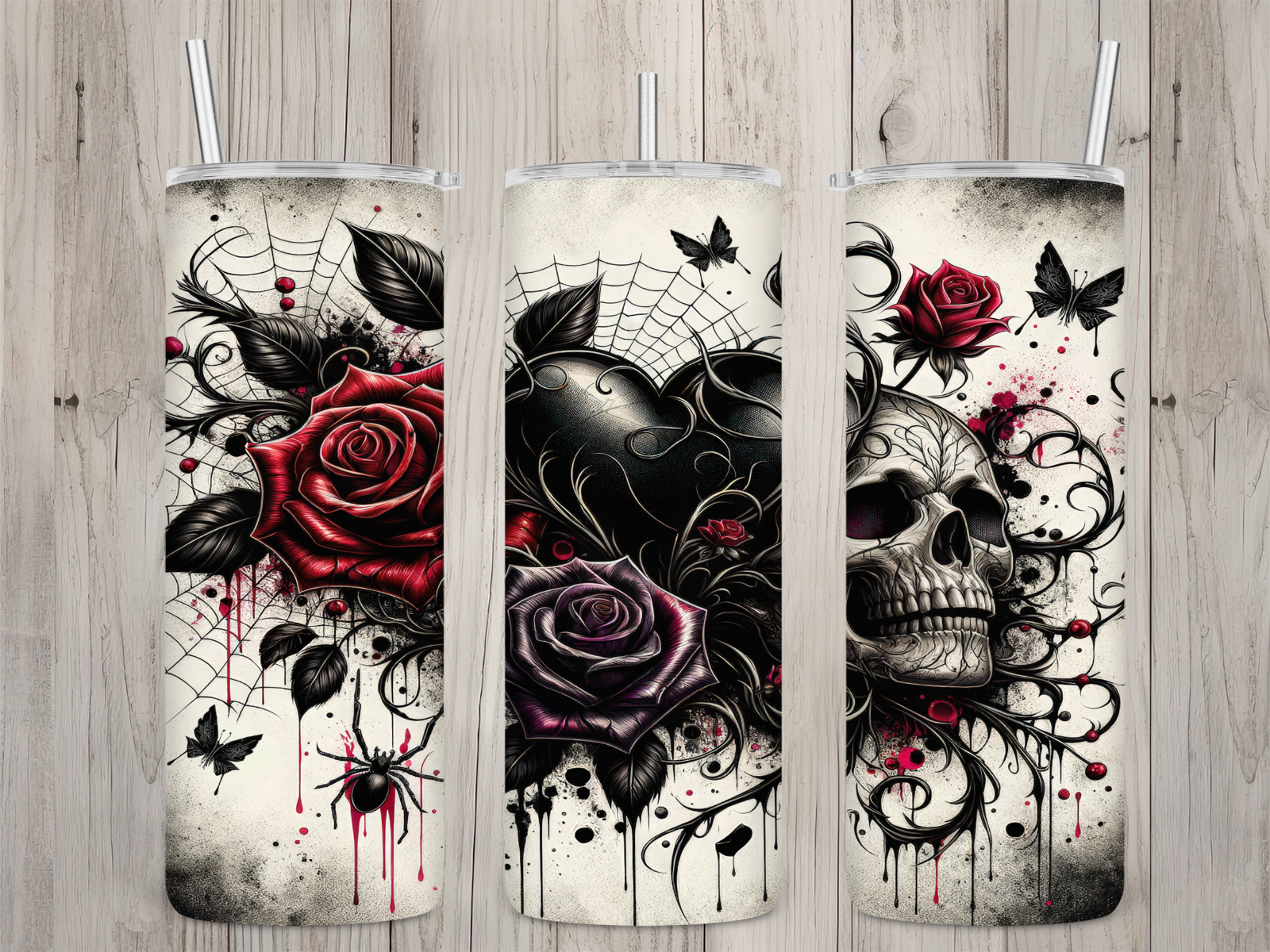 20 oz tumbler stainless with roses and skulls