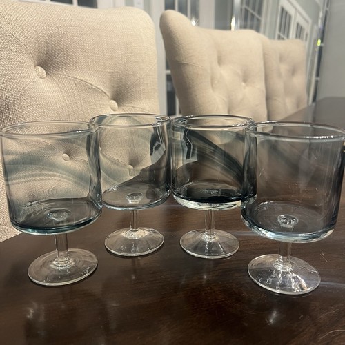 Blue Smoke Crystal Wine Glasses Barrel Bowl Clear Short Stem Hand Blown 5" Tall