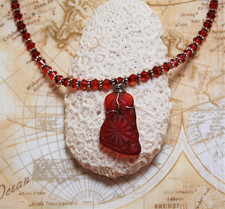 Wire Wrapped Red Faux Sea Glass Necklace 17.5" Handmade Beaded Jewelry