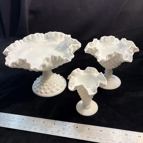 Lot 3 Vintage Milk Glass Pedestal Candy Dish Small Vase 5, 4.5, & 3.5”Freeship!