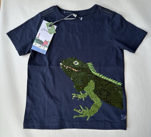 Joules Jungen marineblaues Leguan 2-Wege Pailletten T-Shirt Alter 4 Jahre *neu mit Etikett*