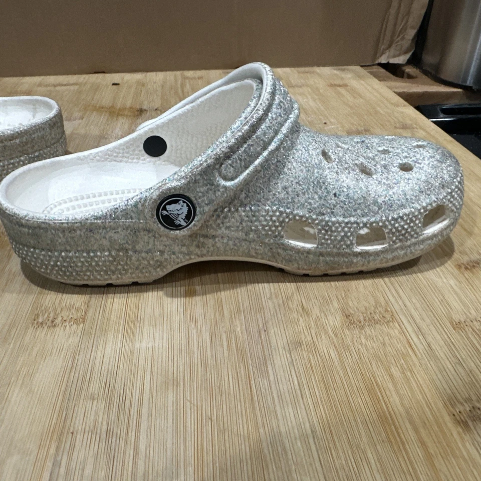 Crocs Kids' Classic Glitter Clogs, Silver, White 2 Size 2 Youth J2 * - Image 3 of 4