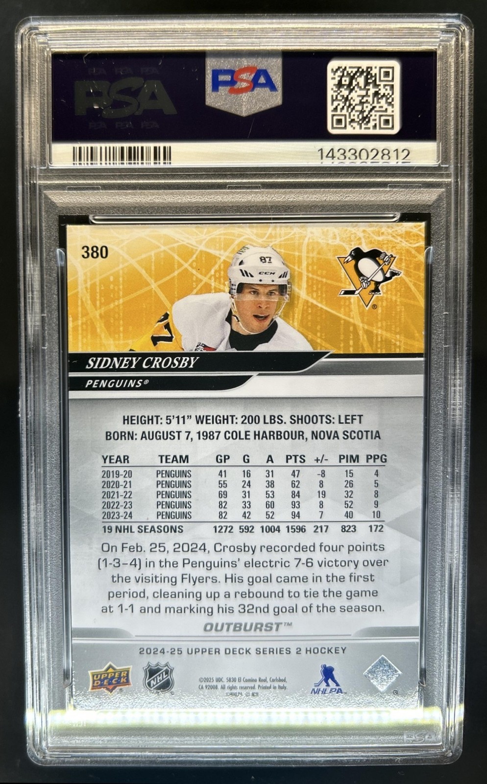 2024-25 Upper Deck Sidney Crosby Outburst Silver #380 Penguins PSA 9 view 2