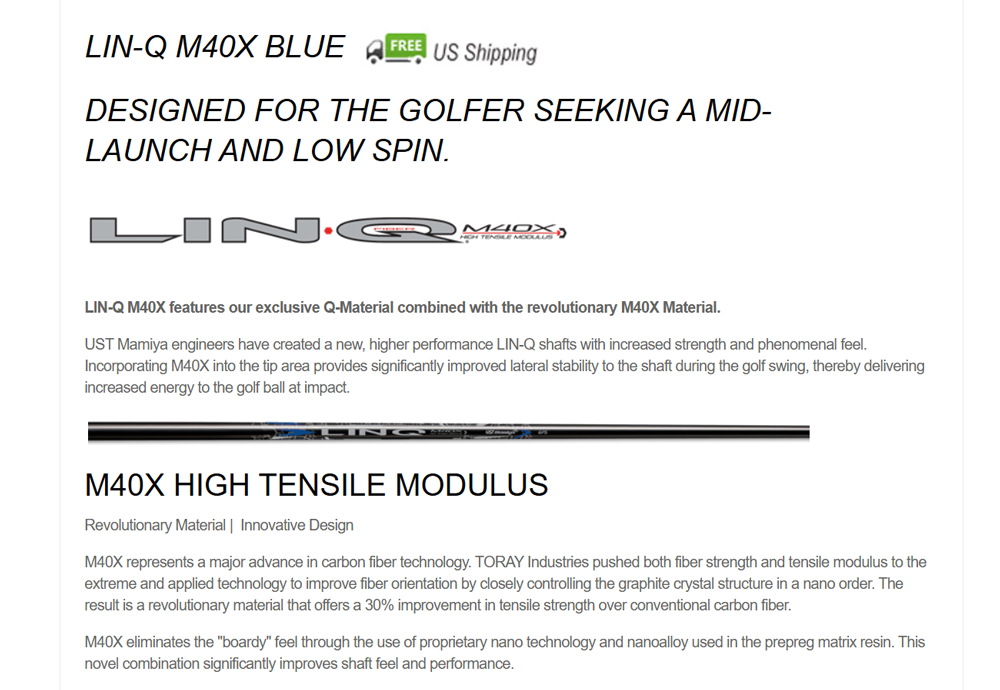 UST Mamiya LIN-Q M40X Blue 7F5 Driver / Fairway Wood Shaft Mid