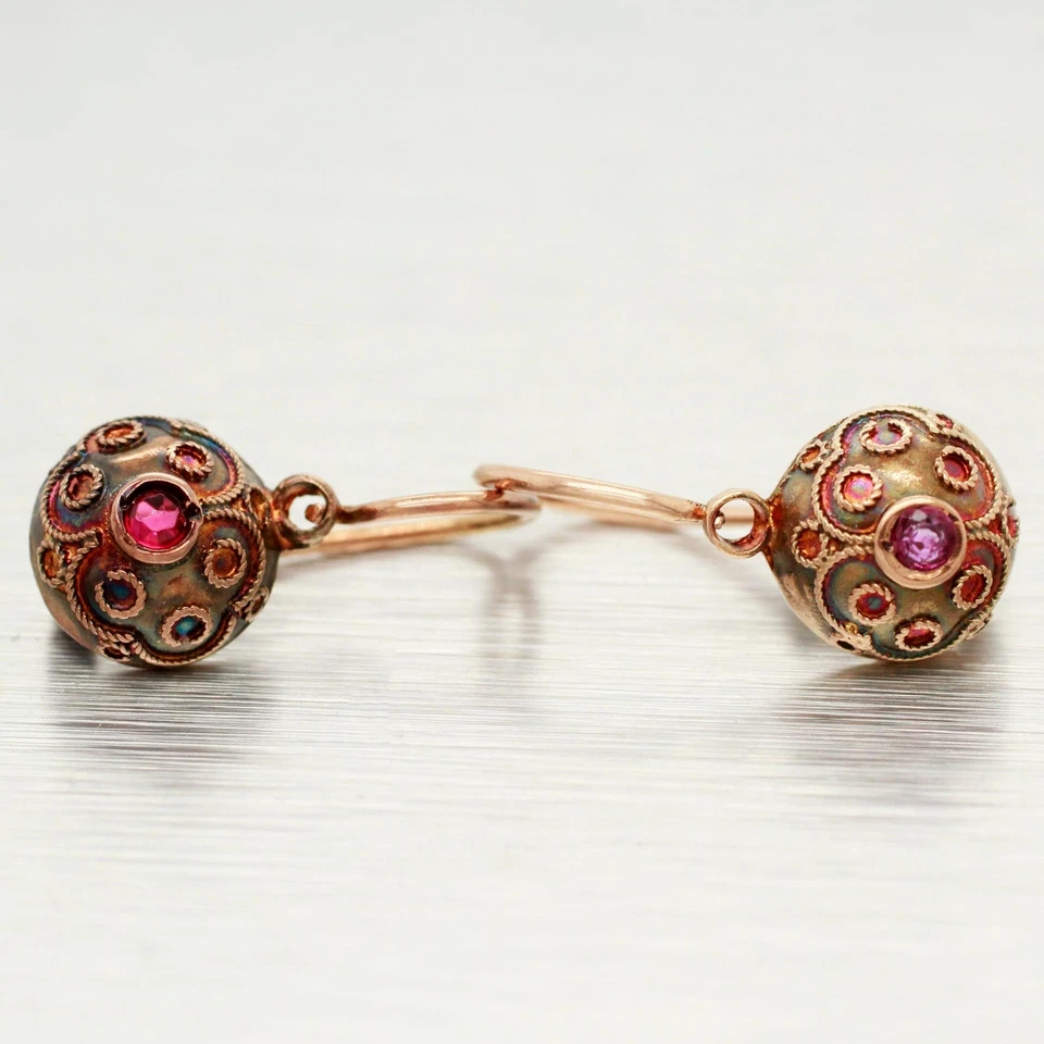 Antique Art Nouveau Ruby Ornate Sphere Drop Dangle Earrings - 14k Rose Gold - Image 2 of 4
