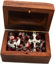 Catholic Glass Prayer Beads Rosary Silver Plated Cross Crucifix Wooden Box