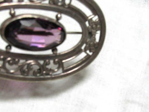 Antique C & R Signed Huge Silver Pin Large Amethyst Faceted Stone - Imagen 2 de 8